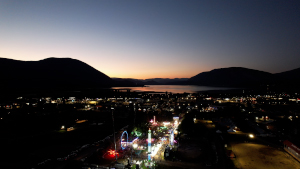 Overhead view of fair midway as the sun sets